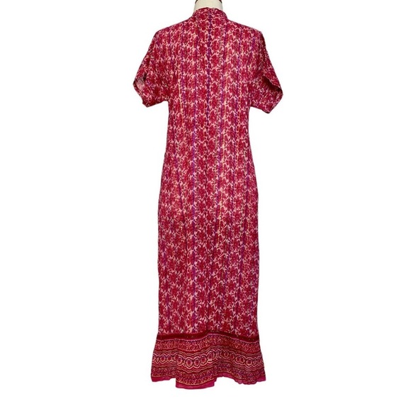 Vintage Metallic Sheer Chiffon Pink Floral Boho Button Up Maxi Kaftan Dress OS - Picture 9 of 12